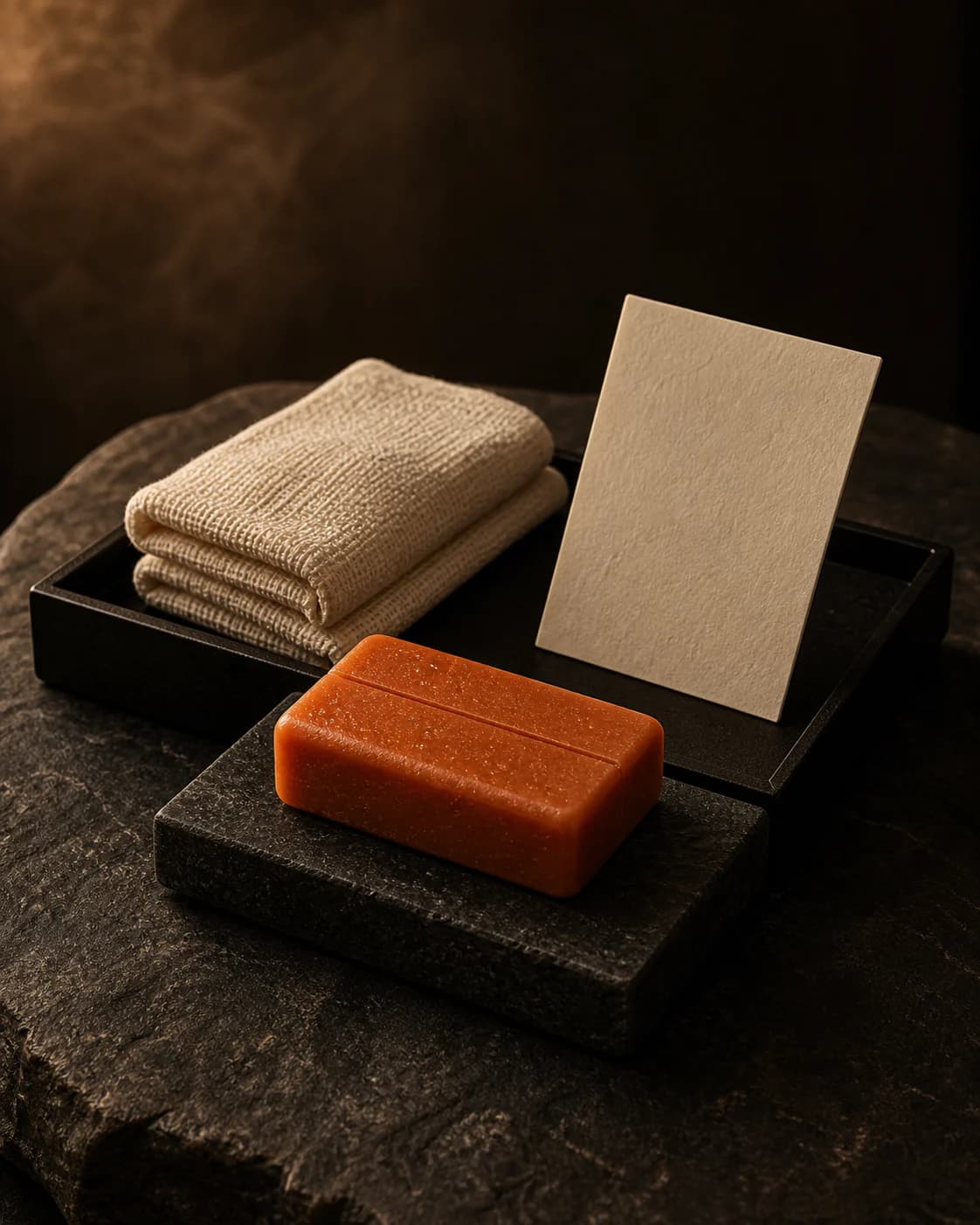 The KAKI Ritual Starter Kit: body bar, wash cloth, ritual card, and soap stone arranged on dark stone
